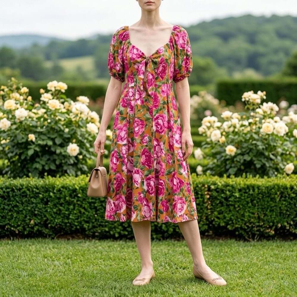Sami & Jo Plus Size Floral Print Puff Sleeve Midi Dress, Size 2X #1282